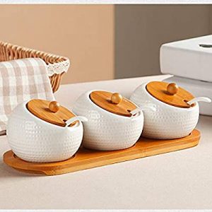 -Ceramic Condiment Storage Tank Bamboo Tray- Condiment containers